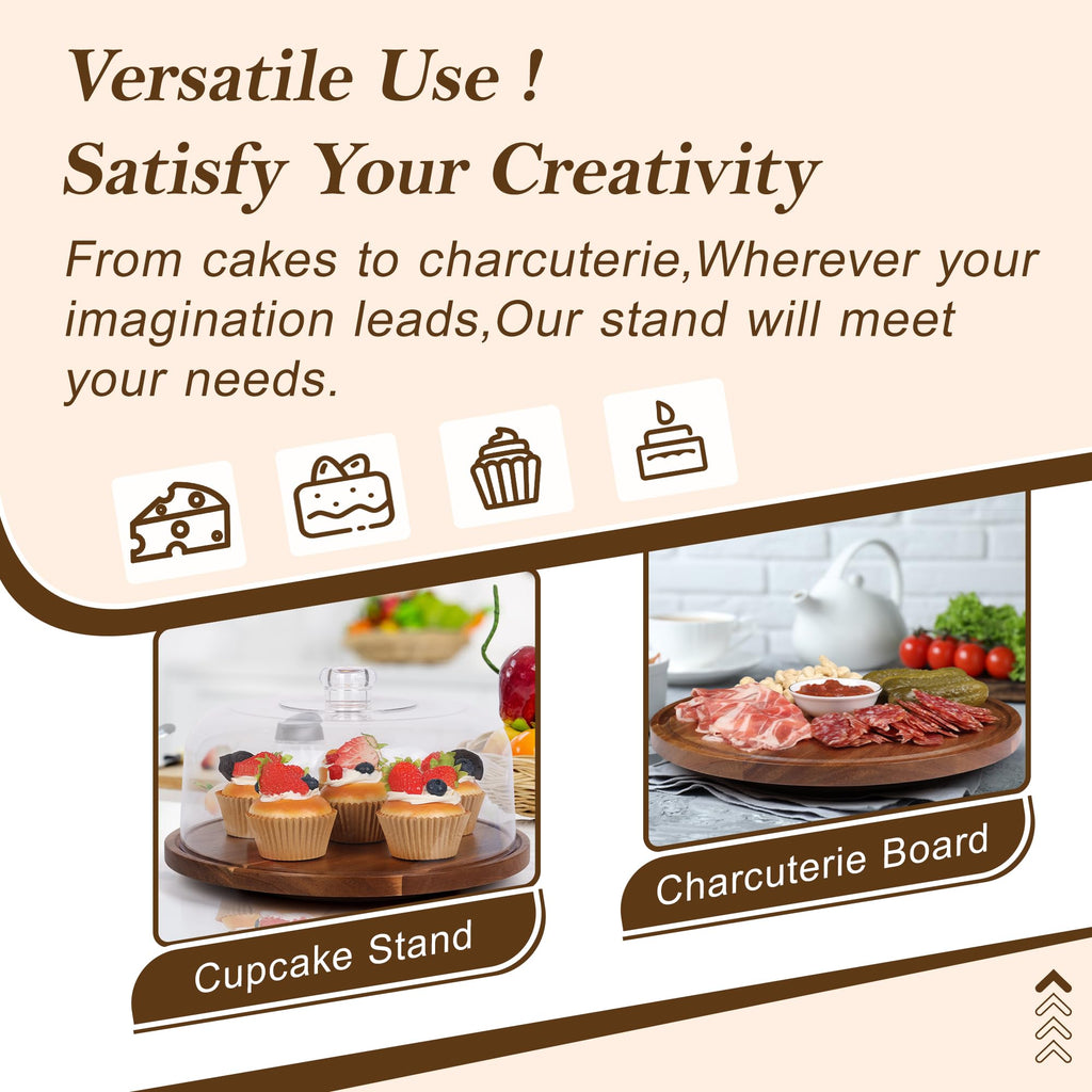 Stand with Clear Acrylic Dome Lid, 12'' Acacia Wood Cake Holder
