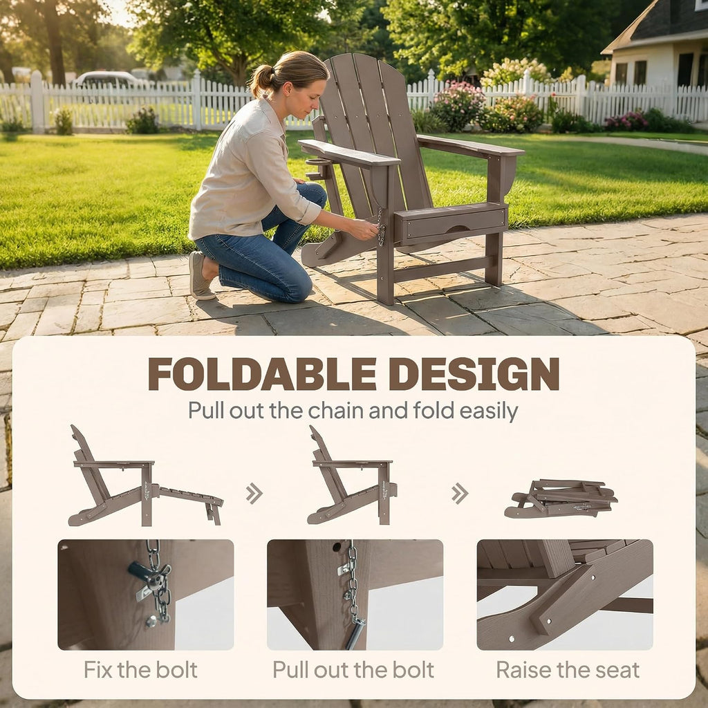 Folding Adirondack Chair Set of 2 with Retractable Ottoman Brown | Outdoor HDPE Fire Pit Chair, Cup Holder, Large
