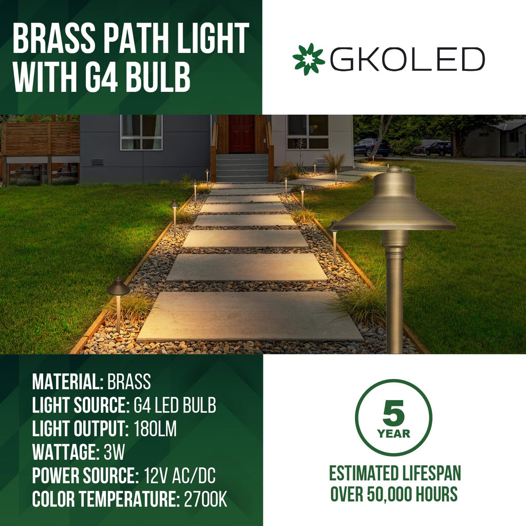 Solid Brass Landscape Path Lights (5" Shade, 20" Tall), Low Voltage LED 3W China Hat Path Lighting, Outdoor