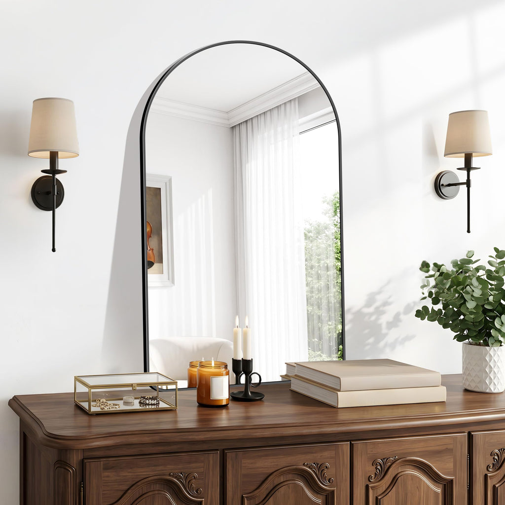 Arched Wall Mirror,22x36 inch Black Arched Mirror Bathroom,Vanity Mirror for Over Sink Metal Frame,Tempered Glass