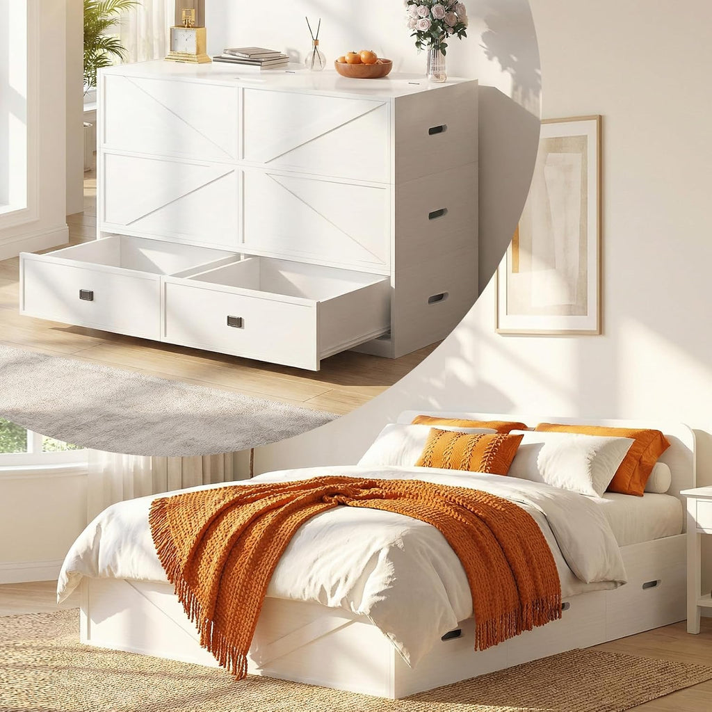 Murphy Bed Queen with Mattress Include，Queen Murphy Bed with Storage Drawers，Multi-Functional Desgin that Converts to