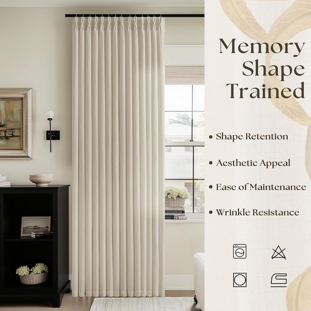 105 Inch Linen Curtains Pinch Pleated 2 Panels for Living Room Dining Light Filtering Semi Sheer Memory Trained Pinch