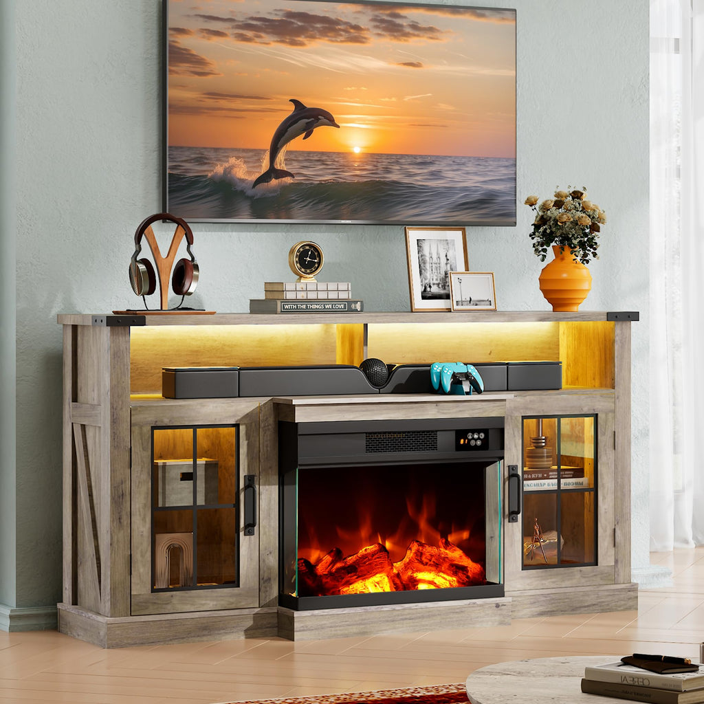 3-Sided Glass Electric for 65 Inch TV, Entertainment Center with 14 Flame Colors & Adjustable LED Storage Cabinets