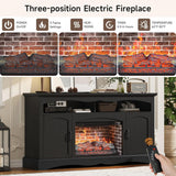 Farmhouse Fireplace TV Stand with 23 Inch Electric Fireplace, Media Entertainment Center for TVs up to 65 Inches, Rustic Console with Refrigerator-Style Storage Door, Black