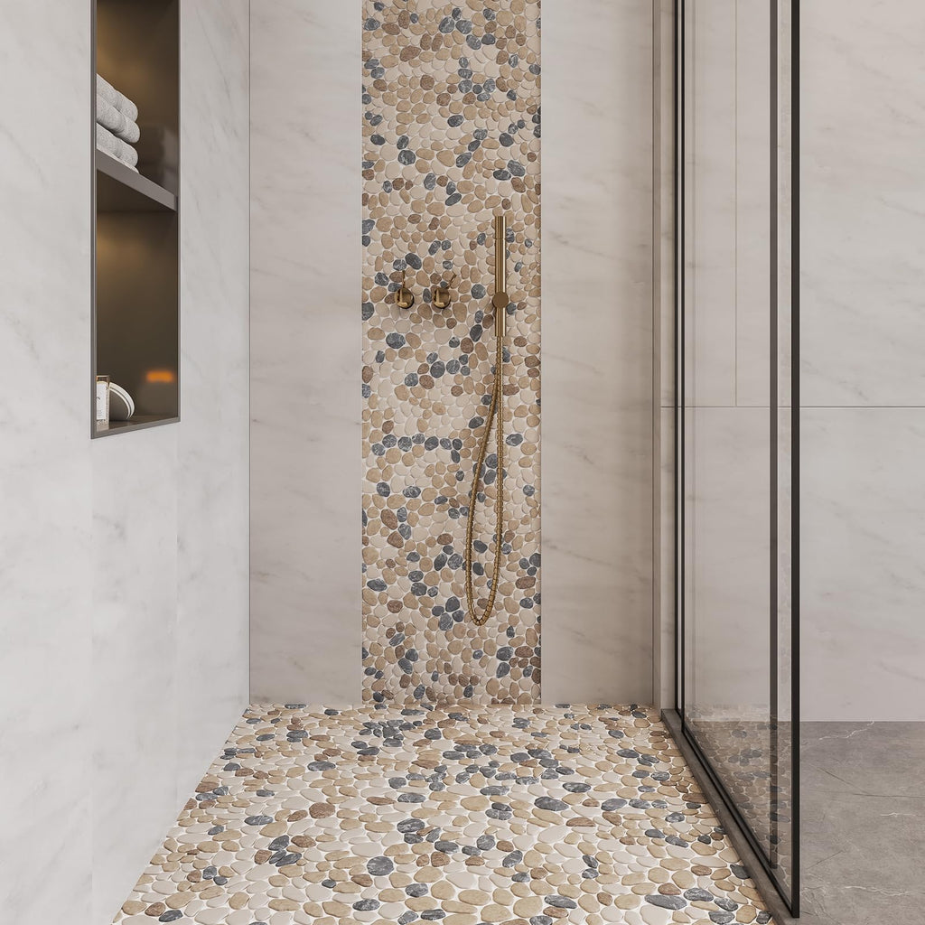 Pebble Tile for Shower Floor Natural Stone Sliced Pebble Mosaic 4 Sheets
