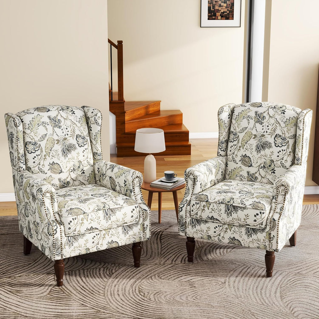 Floral High Back Accent Chairs Set of 2, Wingback Armchair in Fabric | Printed Upholstered Reading Seat with