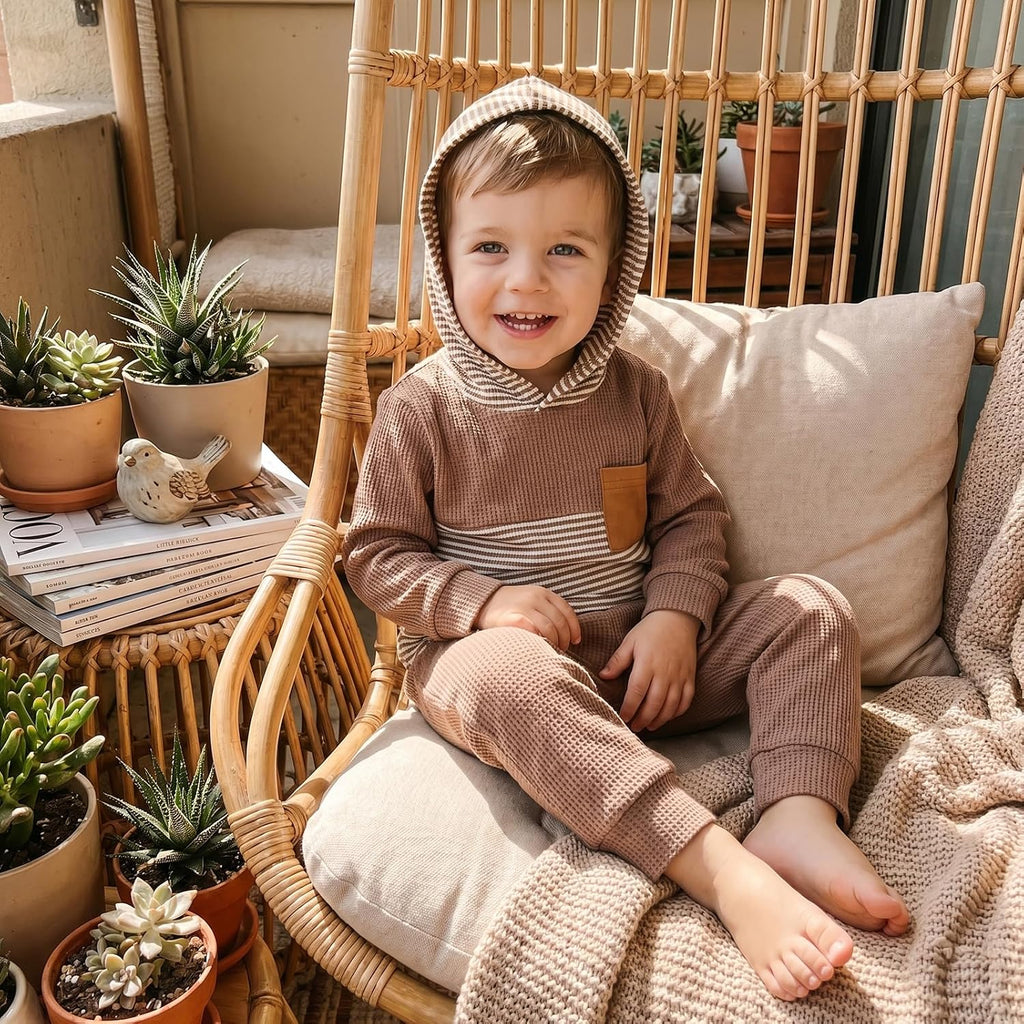 Toddler Baby Boy Fall Outfit Set Contrast Color Stripe Long Sleeve Hoodie Hooded Jogger Pants Infant Waffle Clothes
