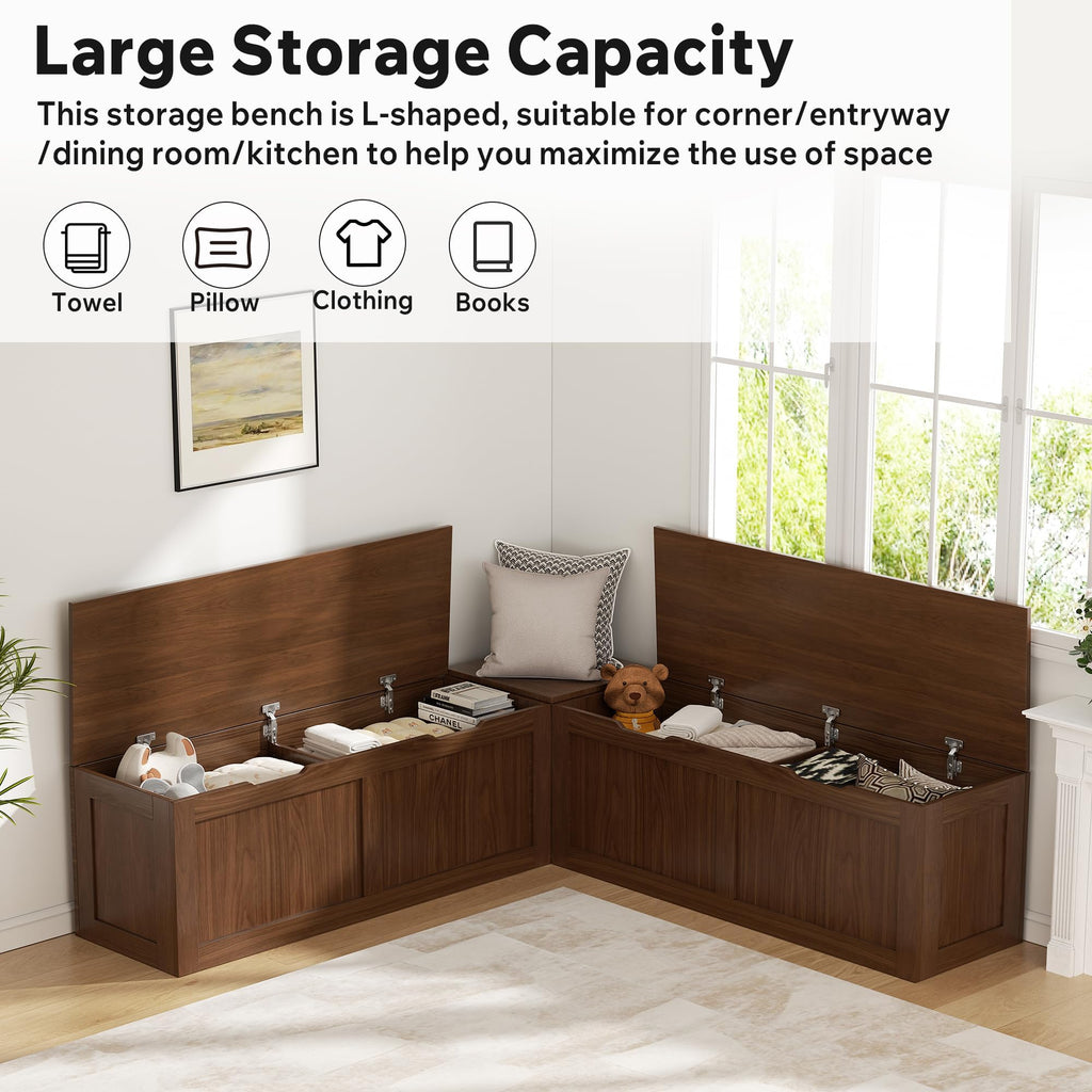 L Shaped Bench with Storage, 63" Breakfast Nook Benches, Wood Kitchen Corner Dining Bench Seating, Walnut Brown