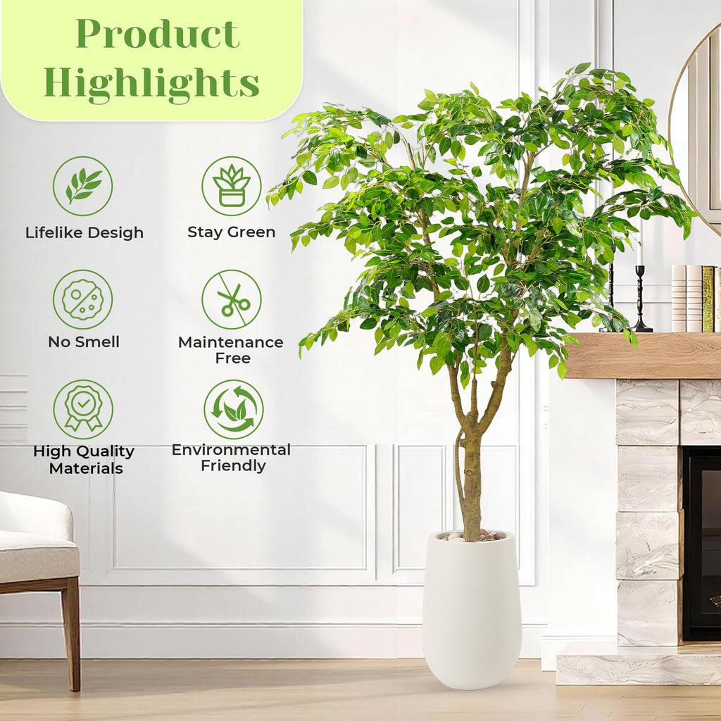 6.5FT Artificial Ficus Tree with White Planter, Moss and Pebbles