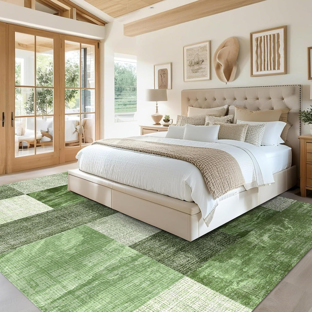 5×7 Washable Modern Area Rugs,Checkered Abstract Neutral Non-Slip High Traffic Large Carpet and Farmhouse,Spring Green
