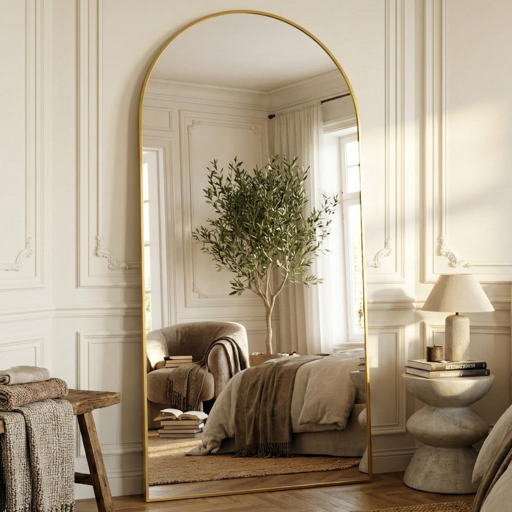 81"x41" Arched Full Length Mirror with Stand, Gold Floor Mirror
