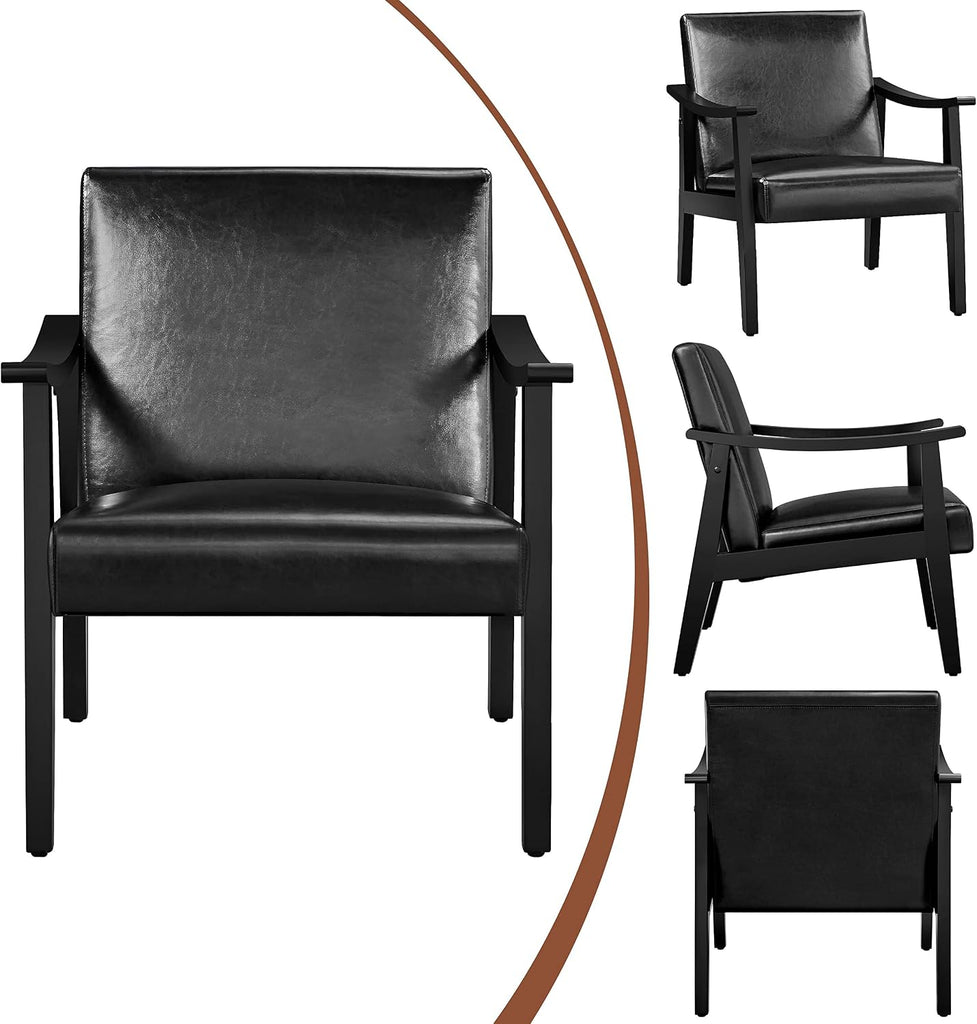 Accent Chairs, Mid-Century Faux Leather Armchairs, Black - Set of 2
