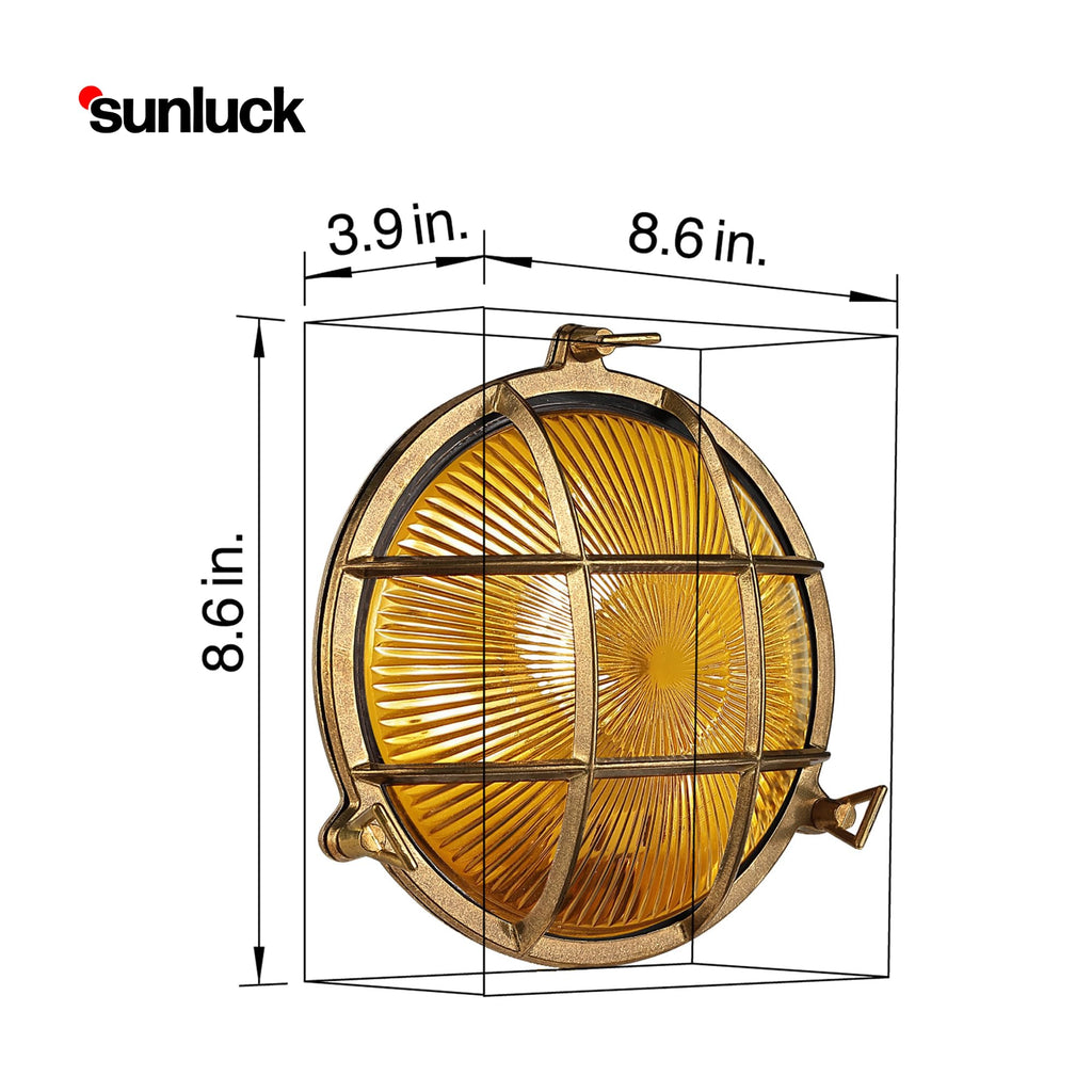 Brass Bulkhead Light Grid Round Nautical Wall Lampshade, Ceiling Mount, Sauna Light Waterproof IP54, Rust