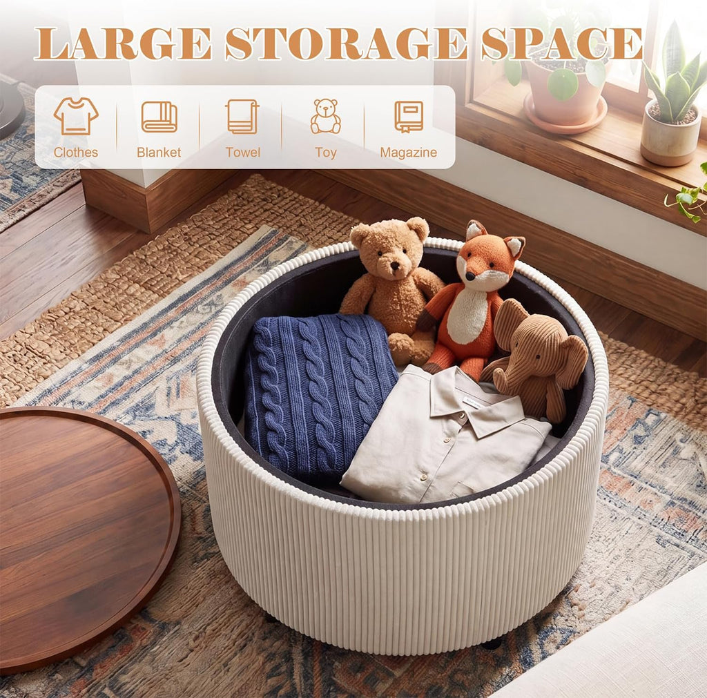 28" Round Storage Ottoman, Ottoman Coffee Table with Tray, Corduroy | Modern Ottomans with Storage with Anti-Slip