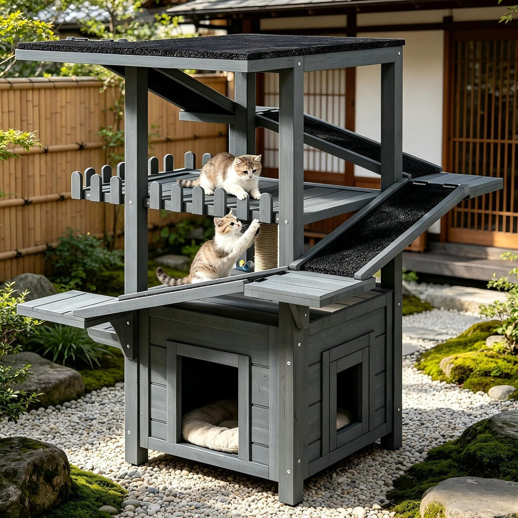 4 Tiers Outdoor Cat House, Weatherproof Wood Cat Tree Tower with Waterproof Roof and 2 Doors, Cat Climbing Tower