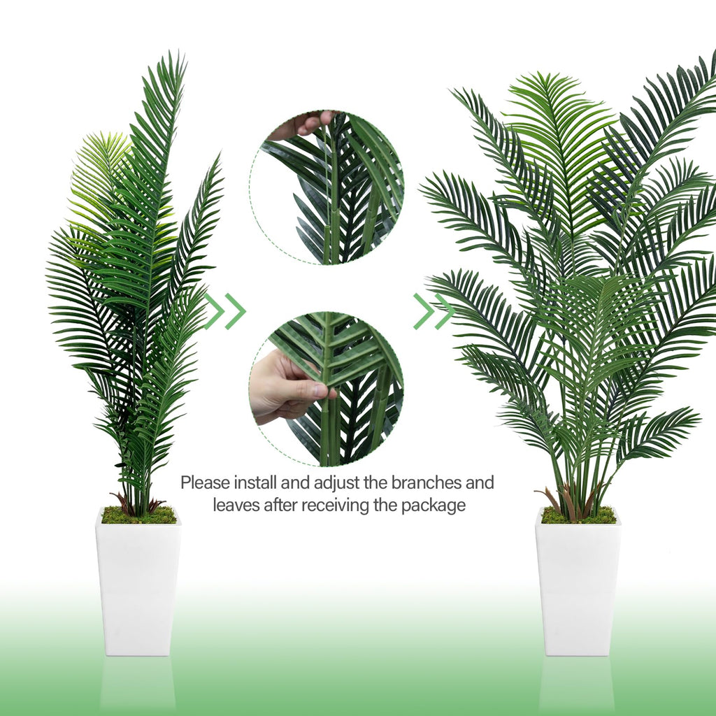 Artificial Palm Tree 6FT, Faux Palm Tree with Tall White Planter, Realistic Leaves & Natural Wood Trunk, Ideal Decor
