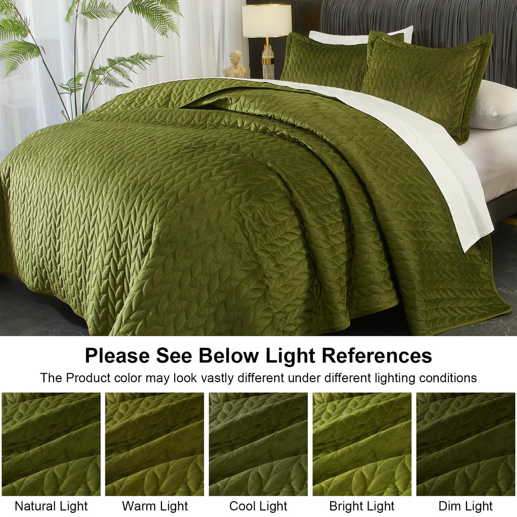 Velvet Quilt, Green Lightweight Bedspread Soft Reversible Coverlet for All Season 3Pcs Luxury Velvet