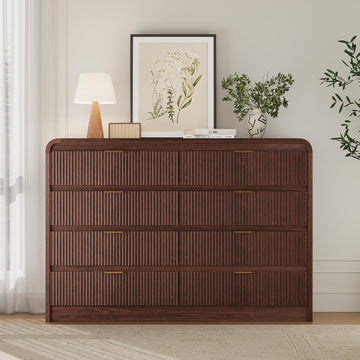 Fluted 8 Drawers Dresser Wooden, Dark Walnut