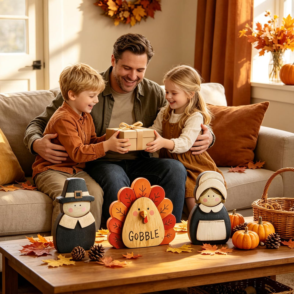 3 Pcs Thanksgiving Decor Fall Pilgrim Turkey Wooden Table Decorations, Thanksgiving Decorations Indoor, Pilgrim Decor