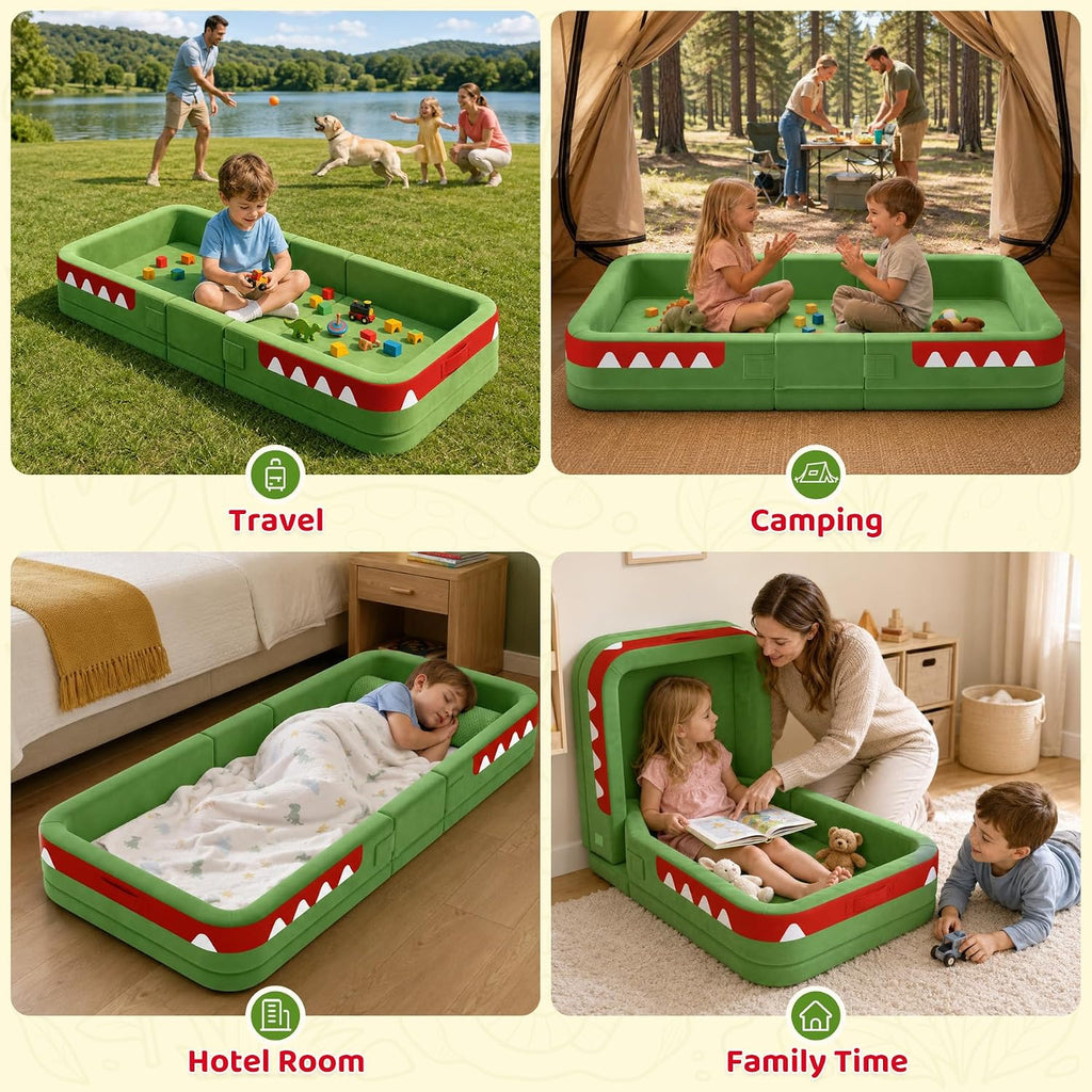 Toddler Travel Bed, Foldable Foam Floor Bed/Safety Rails, Dinosaur