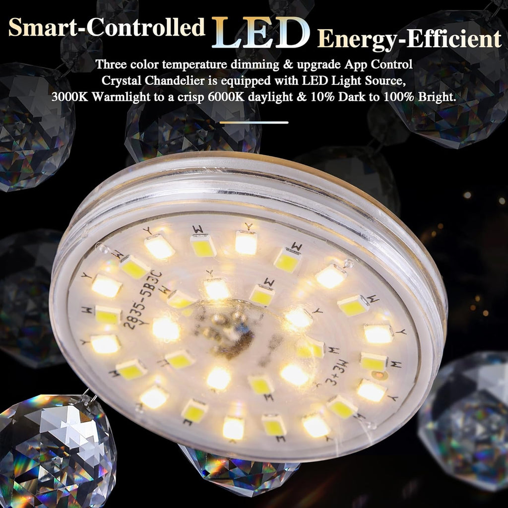 24 inch Crystal Chandeliers With Remote and APP Control, Modern Luxury Flush Mount Gold Chandelier, 3CCT Dimmable