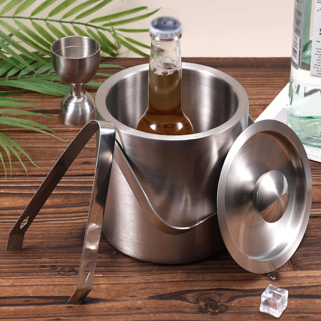 1.3L Stainless Steel Ice Bucket with Lid and Tongs, Small Double Wall Ice Pail Chill Container for Cocktails, Beer
