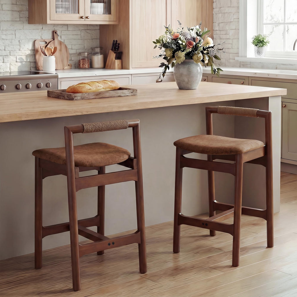 Wood Counter Stools with Woven Paper Cord Accent Back, Set of 4