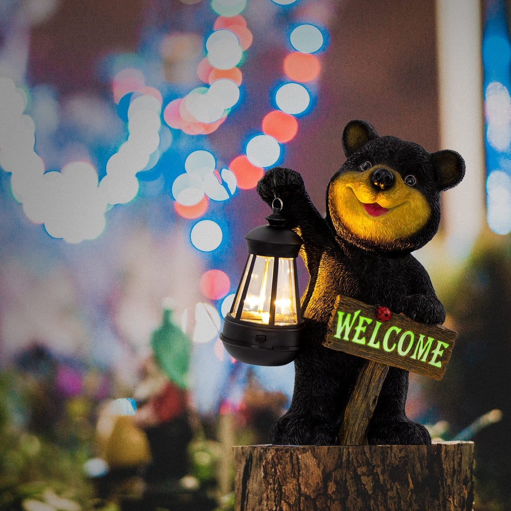 Garden Bear Statue with Solar LED Lantern, Luminous Welcome Sign, Gifts for Christmas Yard Art, Whimsical Figurine