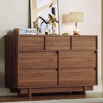 Walnut Dresser, 51in Modern 7 Drawer Chest of Drawers