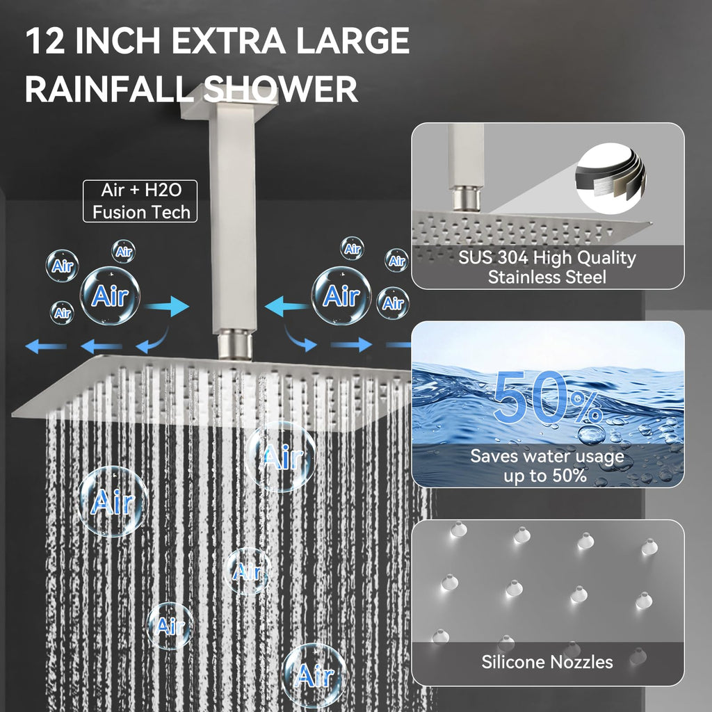 Brushed Nickel Shower System with Jets, 4 Way Shower Faucet Set with 2 in1 Handheld,Ceiling Mount 12"+6" Rain Shower