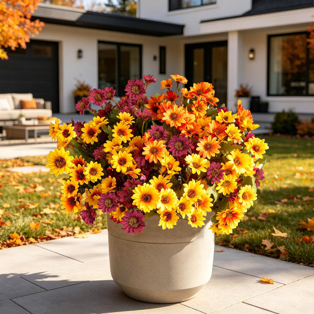 12Pcs Fake Flowers Artificial Mums for Outdoors, UV Resistant Faux Mums for Outdoor Planters Realistic Daisy No Fade