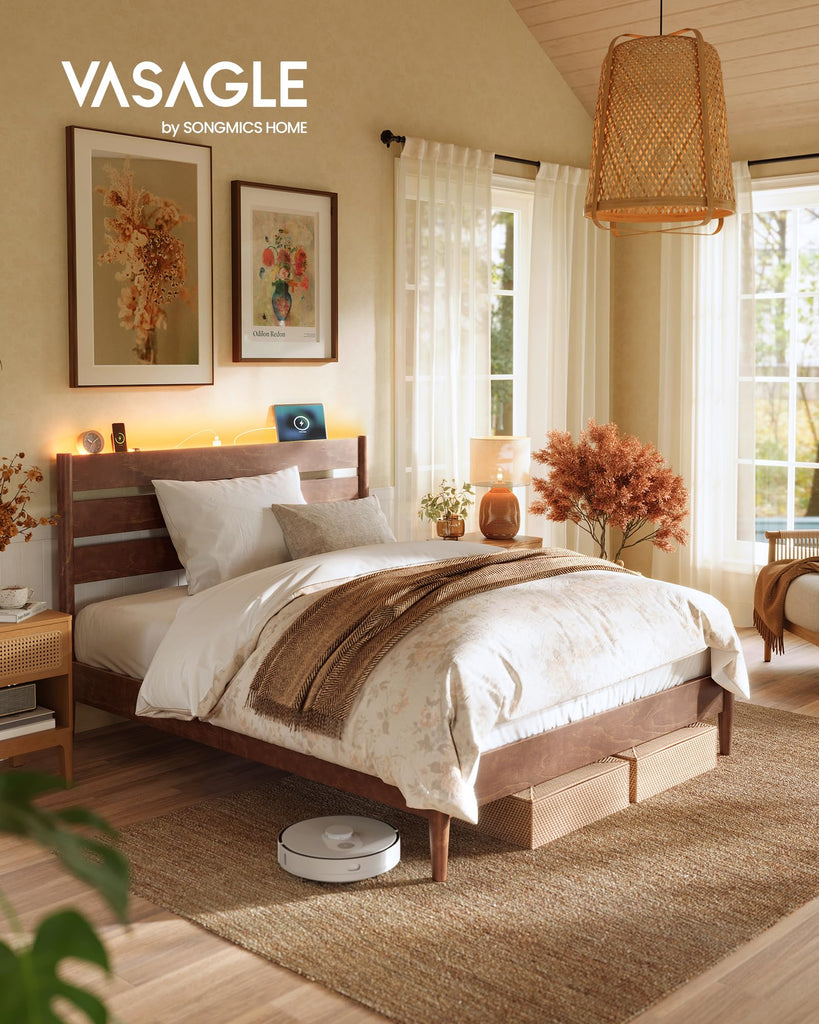 Full Bed Frame, Wood Platform Bed with Headboard Storage Shelf