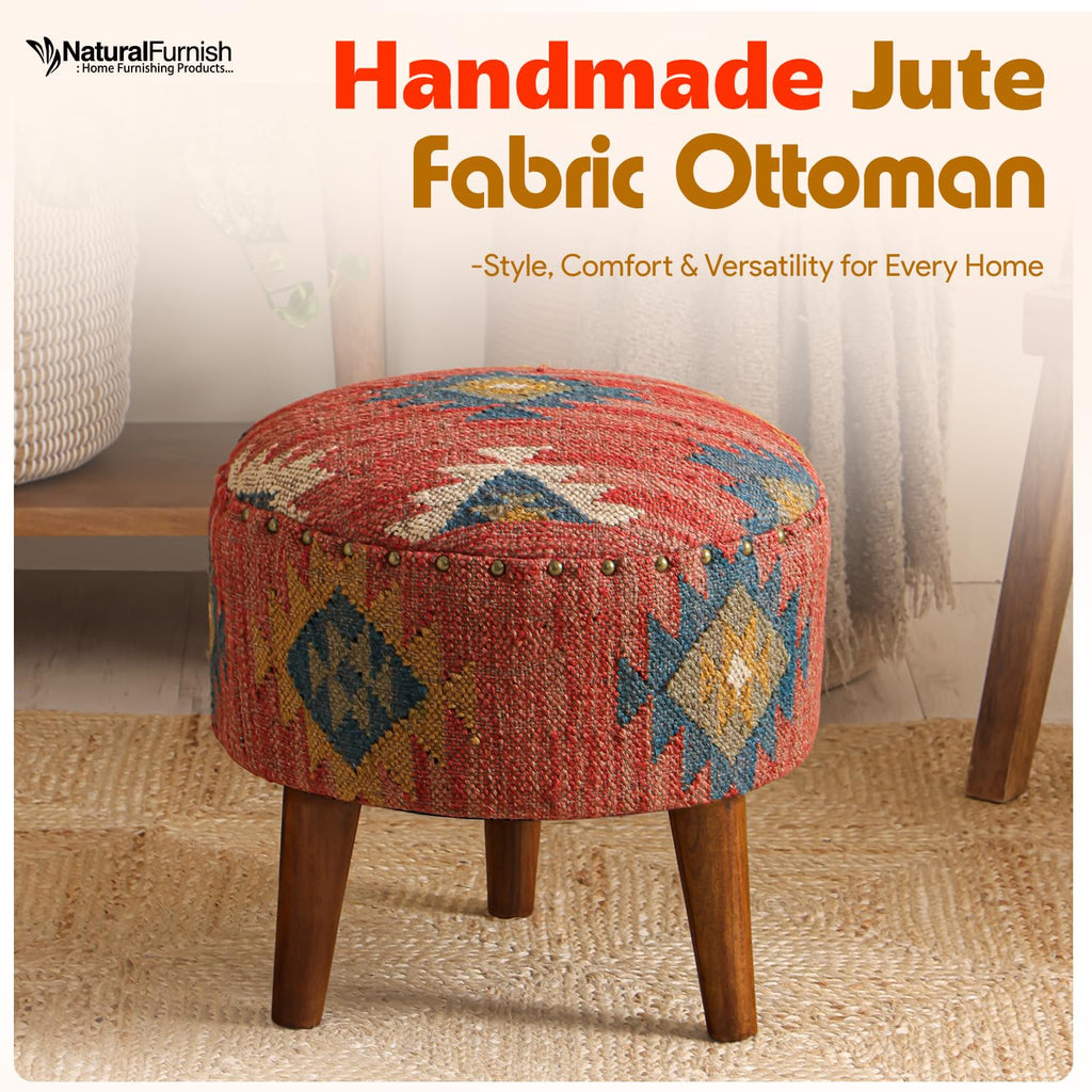 Handmade Kilim Jute Pouf Ottoman Stool | Round Upholstered Seating with Acacia Wood Legs | Decorative Foot Rest