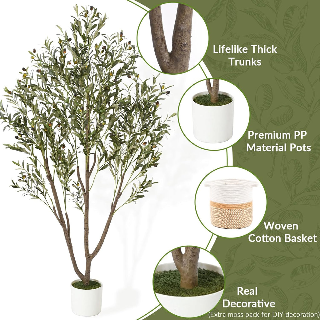 Olive Trees Artificial Indoor, 6FT Tall Faux Olive Tree with Planter & Basket, Artificial Plants with Natural Wood