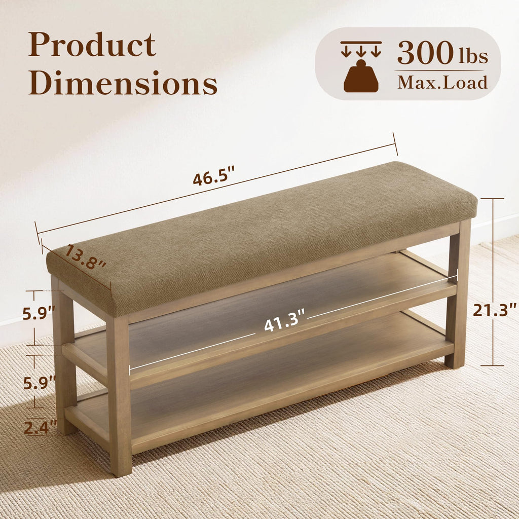 Shoe Rack Bench with Cushion, 2 Tier Solid Wood Storage Bench, Mid-Century Modern Shoe Bench, Closet, Front Door