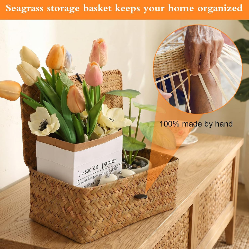 Wicker Basket With Lid Set of 3 Natural Seagrass Storage Bins Rectangular Woven Basket with Lid for Shelf Organizing