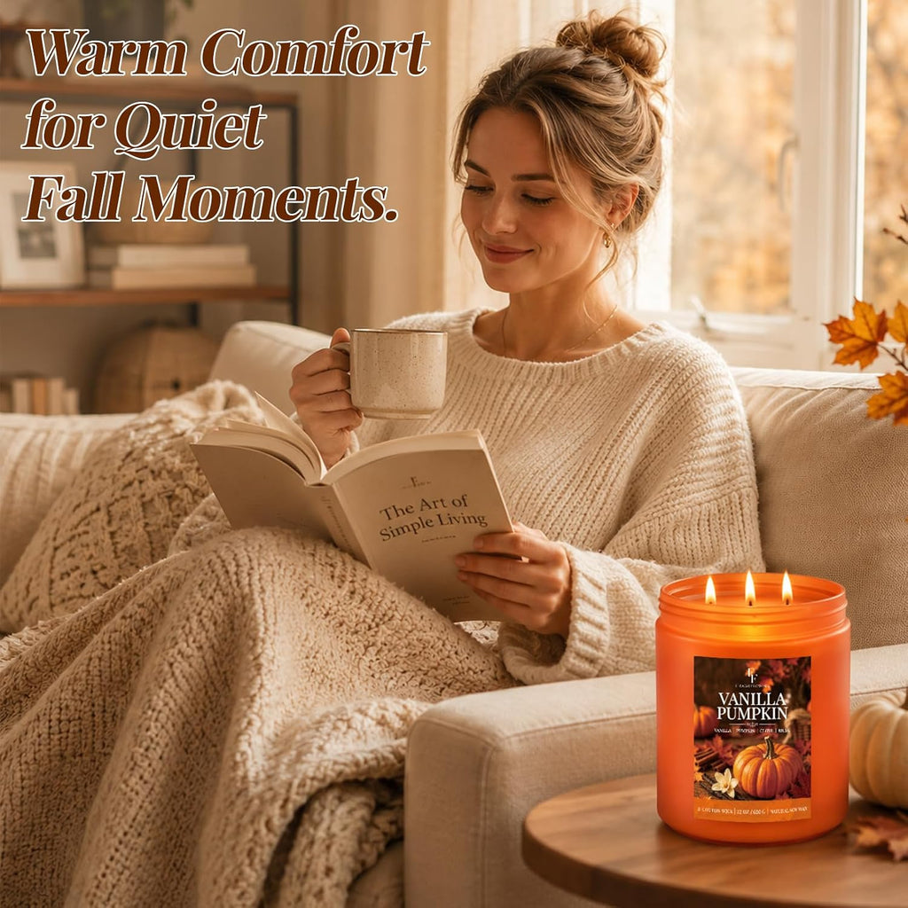 Large Fall Candle Vanilla Pumpkin Scented, 3-Wick 22oz Long Lasting - Set of 22