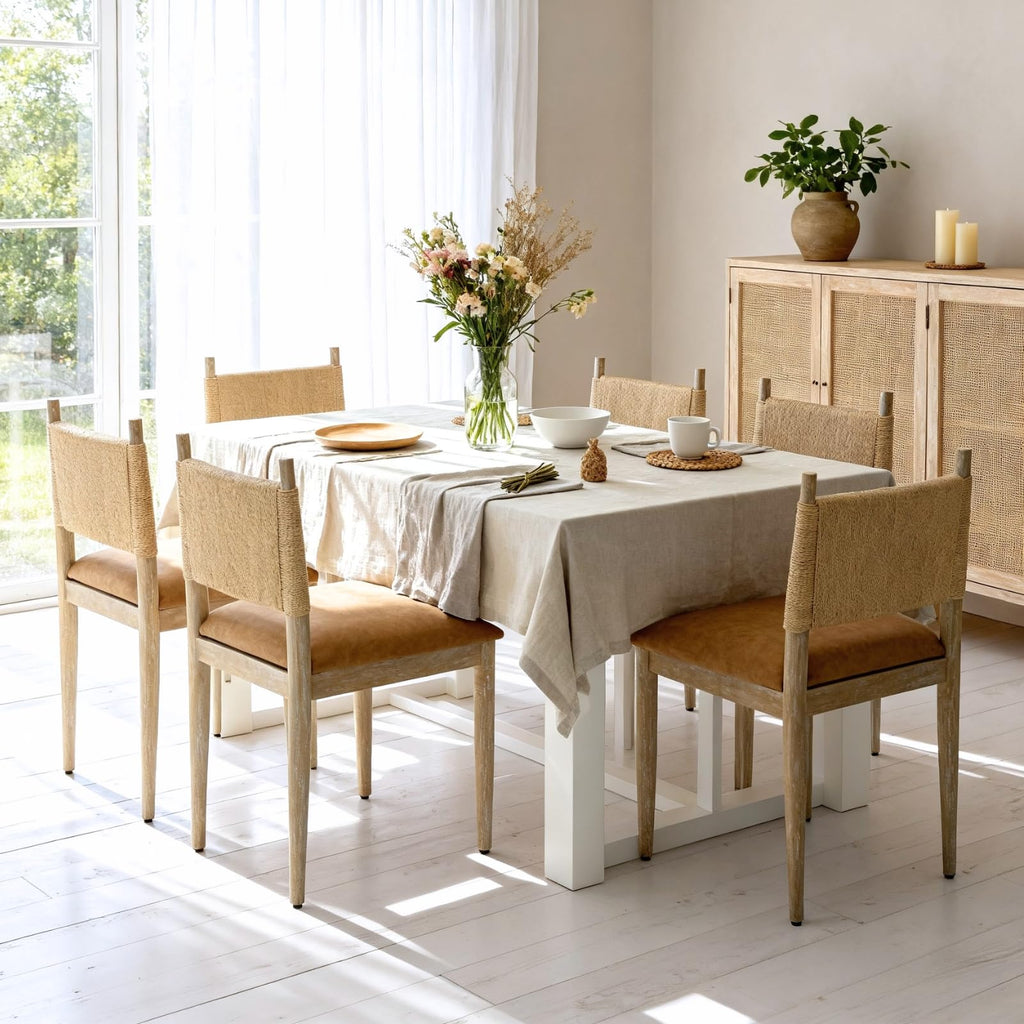 Modern Coastal Woven Dining Chairs Set of 4, Brown Faux Leather