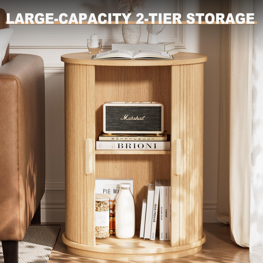 Side Table with Storage for Hoom, Round End Table with Sliding Tambour Door, Wood Night Stand Nightstand Bedside