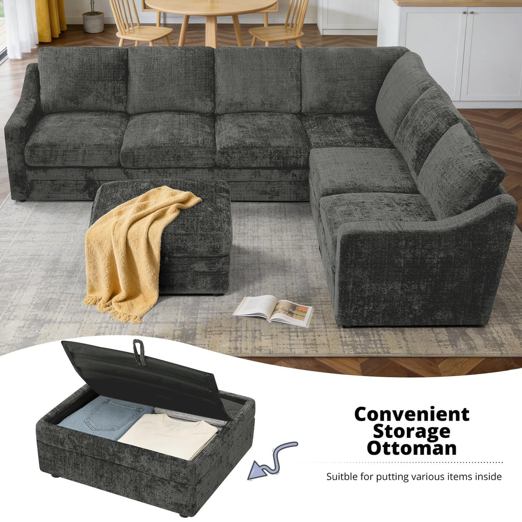 115 Inches Chenille Sectional Sofa with Storage Ottoman, Grey