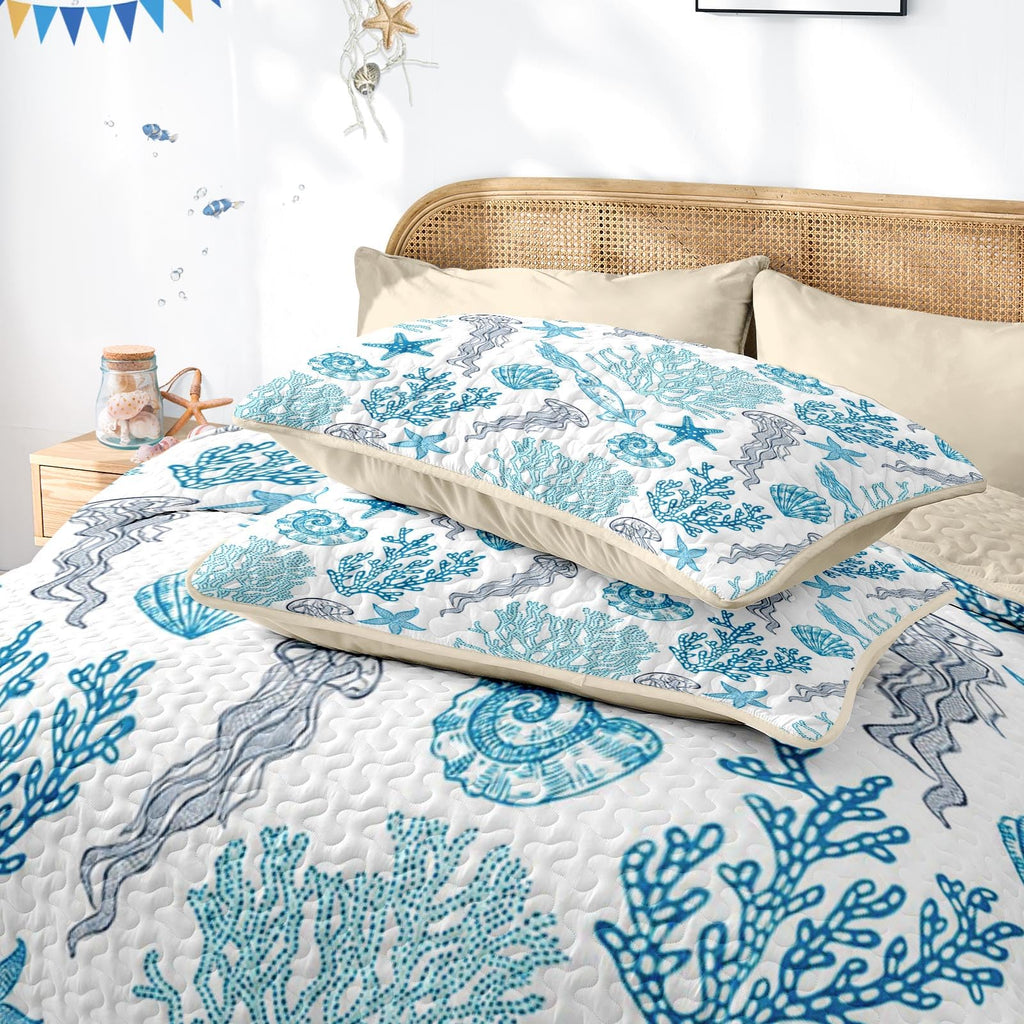 Quilt Set, 3 Pieces Ocean Beach Bedding, Bedspread
