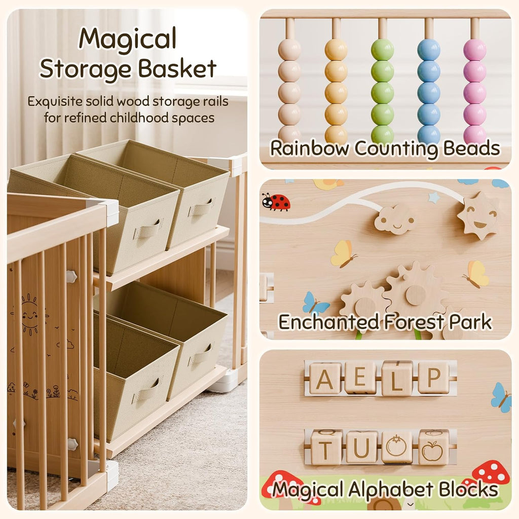 Large Wooden Baby Storage Playpen 9+3 Panels 70.86"×47.24" | Size Adjustable Play Yard for Babies and Toddlers, Baby