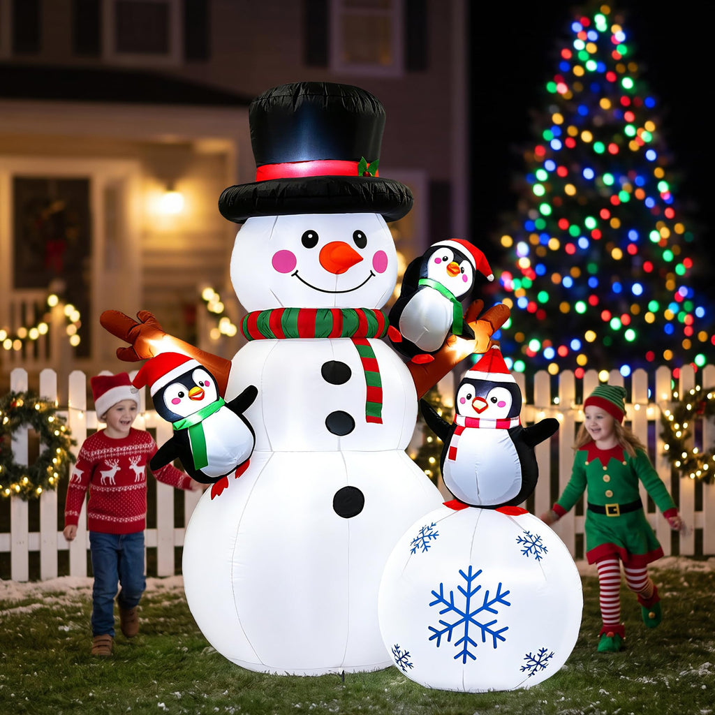 7 FT Christmas Inflatable Snowman with 3 Penguins, Giant Lighted Blow Up Snowman, Outdoor Christmas Yard Decorations