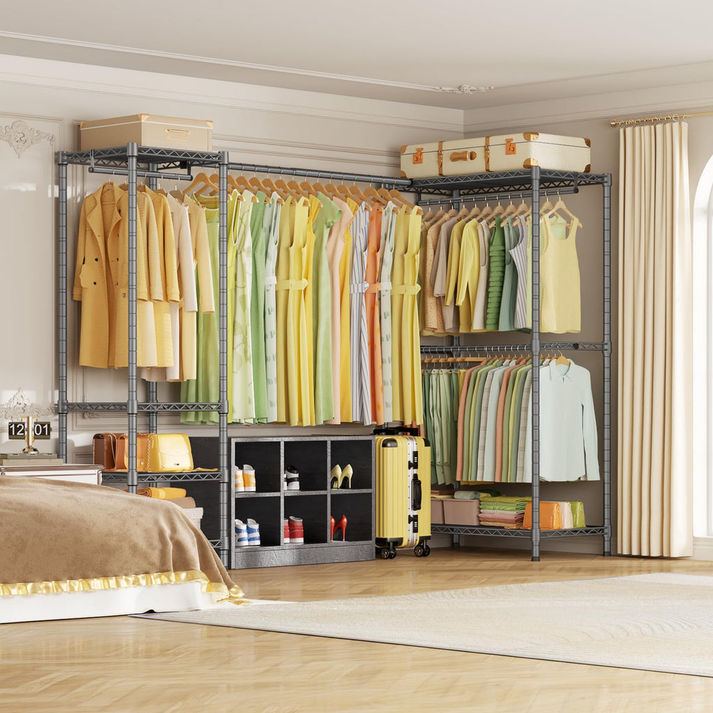 E10L L-Shaped Clothes Rack for Corner(With Expandable Hanger Rod)Heavy Duty Freestanding Clothing Racks for Hanging