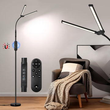 Dual Head LED Floor Lamp 18W, 3 Color Modes 10 Brightness, Pole Controller & Magnetic Remote, Adjustable Gooseneck