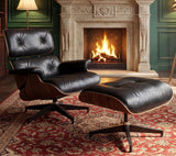 Mid-Century Modern Lounge Chair & Ottoman — Black Top-Grain Leather, Rosewood Base, Extended Chaise
