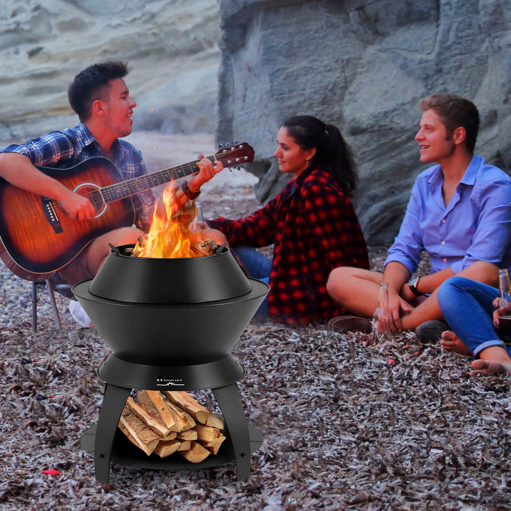 3-in-1 Outdoor Fire Pit, 20" Wood Burning Fire Pits with Removable Wok Ring, Ash Pan & Storage Shelf, Oxygen-Enriched