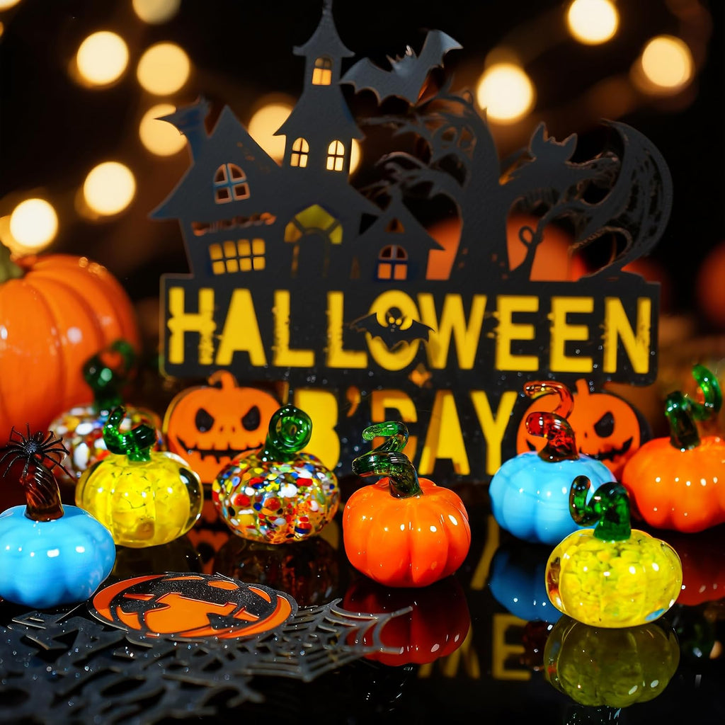 Blown Glass Pumpkin Figurines Fall Thanksgiving Centerpiece Decor - Set of 4
