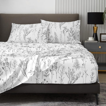 Floral Bed Sheets King, 18 inches Deep Pocket Sheets 1800 Thread Count, Black and White Leaf Sheet Set Soft