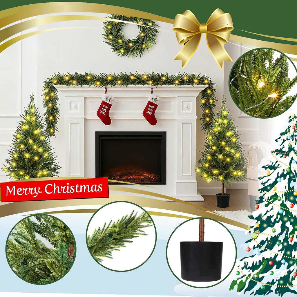 4 Piece Pre-lit Christmas Tree Set with LED Lights Christmas Garlands Wreath and Set of 2 Entrance Artificial Xmas